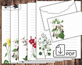 May include: Set of five printable lined stationery sheets featuring floral illustrations. Each sheet has a different flower design, including a sunflower, a red flower, a blue flower, and two different pink flowers. The sheets are designed for writing letters or notes.