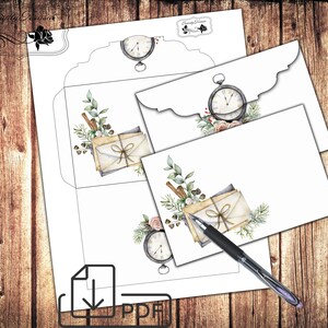 May include: Printable PDF template for creating envelopes with a vintage clock, floral, and letter design. The template includes a pocket for a gift card or money.
