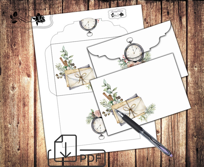 May include: Printable PDF template for creating envelopes with a vintage clock, floral, and letter design. The template includes a pocket for a gift card or money.