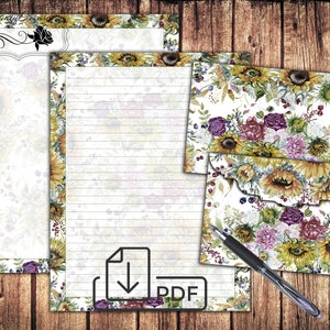 Conjunto estacionario imprimible SUNFLOWER Bouquet-4, papel para escribir cartas, girasoles de papel rayado sin forro y sobre