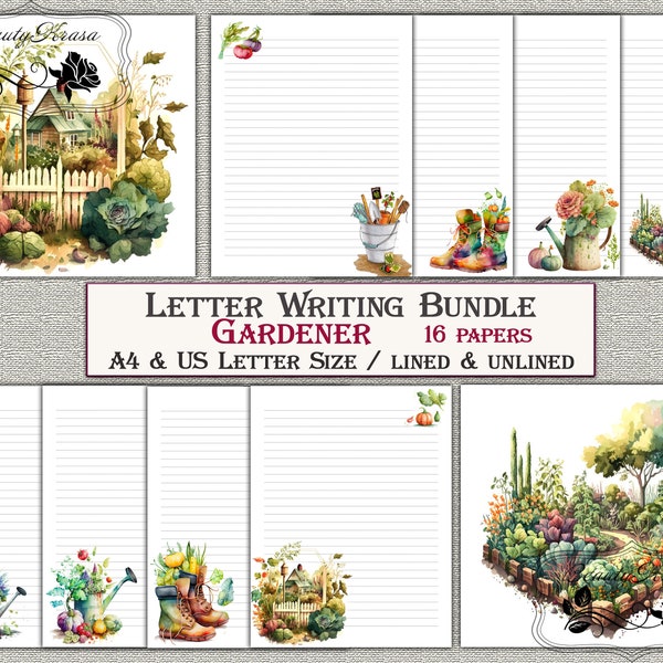 Letter Bundle writing Stationery set,Printable stationary download Gardener,unlined lined 16 papers