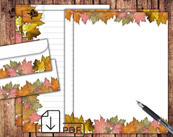 Printable Letter Writing Stationery set Fall leaves,Paper&Envelope
