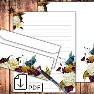 Conjunto estacionário, papel e envelope para escrever cartas florais vintage para impressão