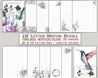 JW Letter Writing Bundle,Printable Stationery Orchid watercolor,unlined lined 20 papers