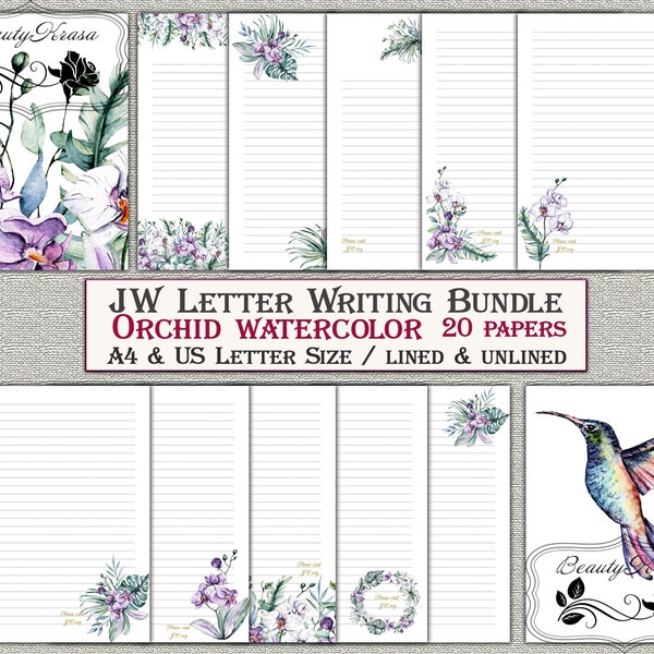 JW Letter Writing Bundle,Printable Stationery Orchid watercolor,unlined lined 20 papers