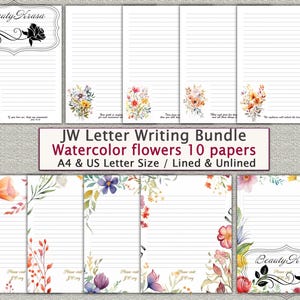 Pacote de cartas JW, conjunto de papelaria para escrever, papelaria para impressão, flores em aquarela, sem linhas, 10 papéis