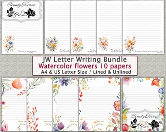 JW letter Bundle writing Stationery set,Printable stationary Watercolor flowers,unlined lined 10 papers