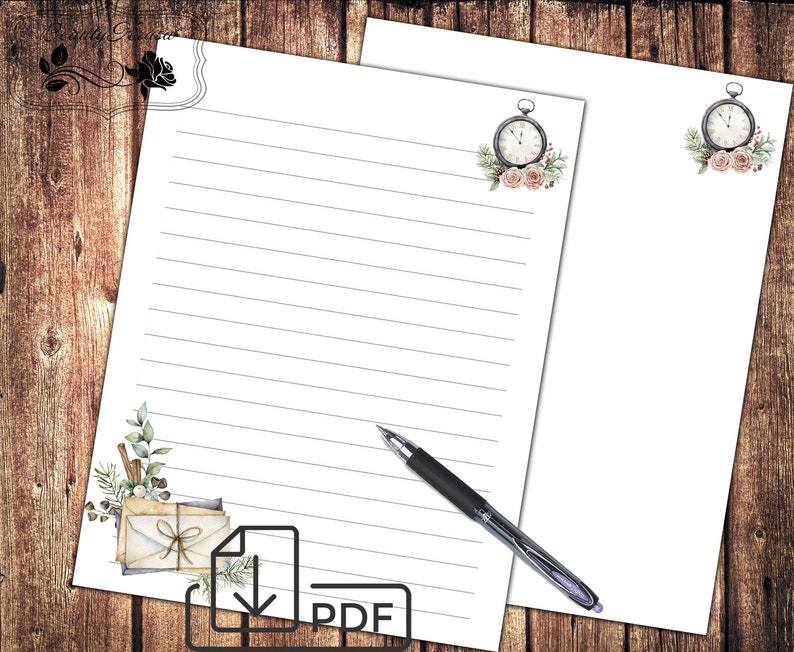 May include: Printable lined stationery featuring a vintage pocket watch with floral accents. The paper has a subtle gray line pattern and a download icon with the word "PDF" in the lower right corner.