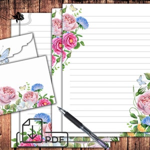 Conjunto estacionário, papel para escrever e envelope de carta de buquê rosa para impressão