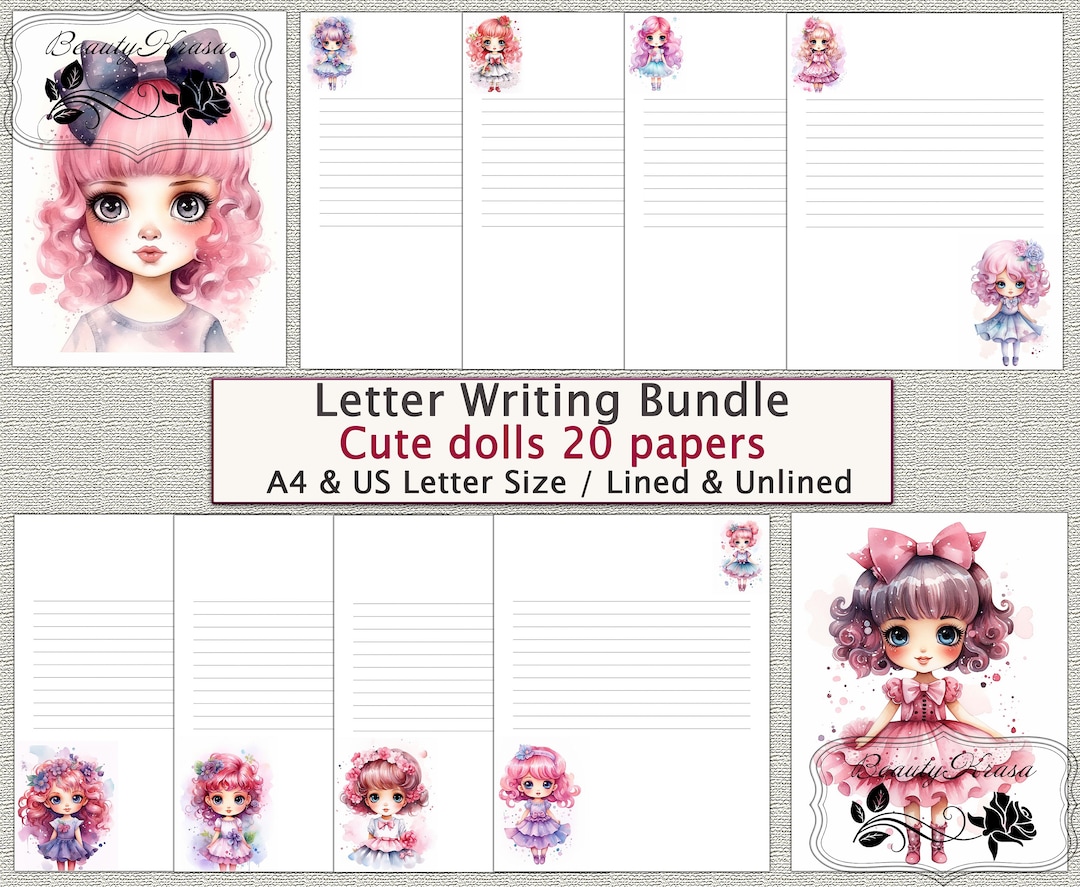 Doll Script Writing Letter Writing Bundle,printable Pdf Stationery Set Cute Dolls,unlined ...