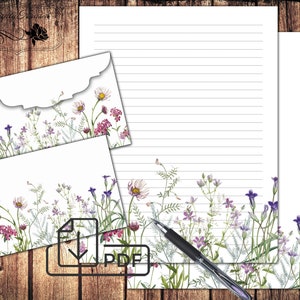Vintage Wildflowers Papelería imprimible, juego de escritura de cartas flores de acuarela, papel y sobre