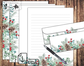 Printable Christmas Stationary digital set,letter writing paper&envelope