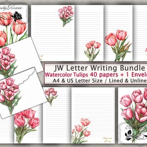 Paquete de escritura de cartas JW, juego de papelería digital en formato PDF con tulipanes de acuarela, 40 papeles rayados sin líneas + 1 sobre