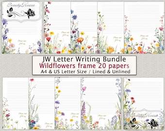 JW letter Bundle writing Stationery set,Printable stationary Wildflowers Frame,unlined lined 20 papers