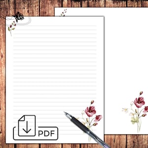 Letter printable writing paper, stationery set, unlined lined paper Flowers