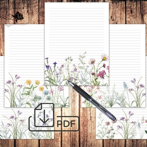Vintage Wildflowers Conjunto digital estacionario, papel forrado para escribir cartas