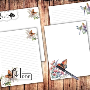 Printable Stationary set Butterfly,letter writing paper,unlined lined paper pdf