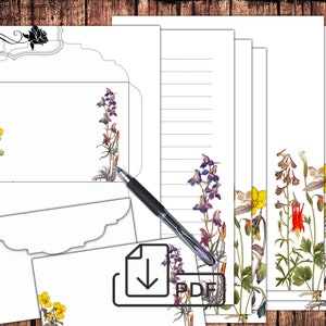 Juego de papelería, papel para escribir cartas botánicas imprimibles, notas y sobres sin forro