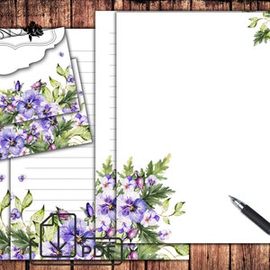 Juego estacionario, imprimible Papel de escritura de cartas florales y Pansies de sobre