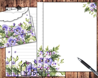 Stationary set,printable Floral letter writing paper&envelope Pansies
