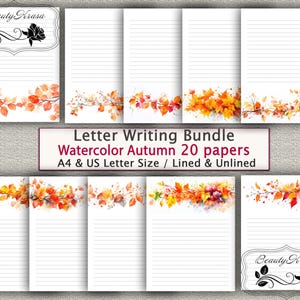 Pacote de cartas para escrever, aquarela Outono PDF Papelaria para impressão, sem pauta, pautado, 20 papéis