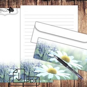 Papel de escritura de cartas Daisy, juego de papelería, papeles botánicos imprimibles y sobre