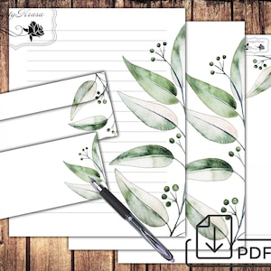 Folhas de aquarela de papel botânico de papelaria, conjunto de escrita de cartas para impressão, notas sem forro e envelope