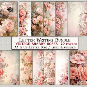 Paquete de escritura de cartas, papelería imprimible Shabby Roses, 20 papeles rayados sin forro
