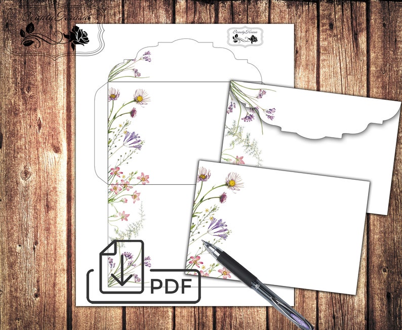 Wildflowers Printable Stationery,Vintage Letter Writing set watercolor flowers,Paper&Envelope image 3