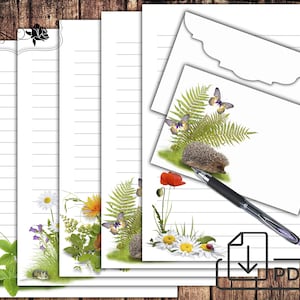 Stationary set,printable botanical letter writing lined paper&envelope Mix
