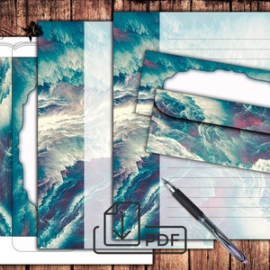 Printable letter blue writing paper,stationery set,lined unlined paper&envelope Abstract multi-color blue-turquoise