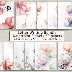 Letter Writing Bundle,Flowers Watercolor PDF Printable Stationery,unlined lined 20 papers