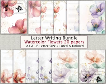 Letter Writing Bundle,Flowers Watercolor PDF Printable Stationery,unlined lined 20 papers
