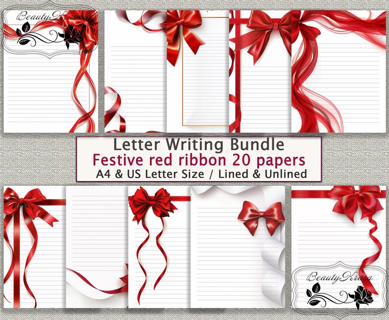 Letter Writing Bundle, Festive Red Ribbon PDF Stationery,unlined Lined ...