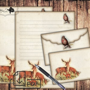 Vintage Stationery Set,Printable letter writing paper Forest animals,digital paper&Envelope