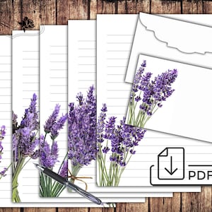 Juego de papelería, papel y sobre rayados para escribir cartas de lavanda imprimibles