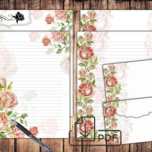 Conjunto estacionário de rosas, papel para escrever cartas imprimíveis, papel forrado sem forro e envelope rosa