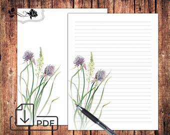 Vintage Wildflowers Printable Stationery,Letter Writing set watercolor flowers,unlined lined paper