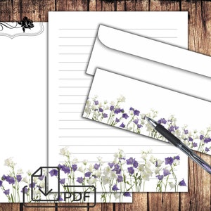 Juego estacionario, campanas imprimibles flores papel de escritura de cartas y sobre