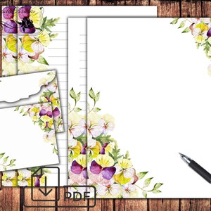 Juego de escritura de cartas, kit de papelería floral imprimible, pansies de papel y sobre