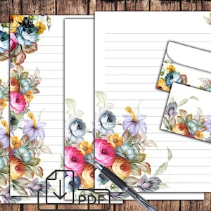 Papelería imprimible floral, juego de escritura de cartas, flores de acuarela, papel y sobre