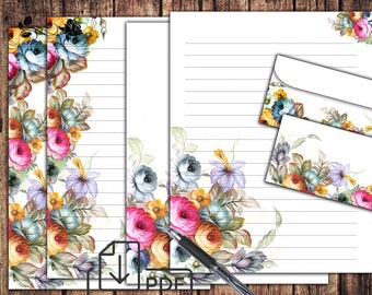 Floral Printable Stationery,Letter Writing set watercolor flowers,Paper&Envelope