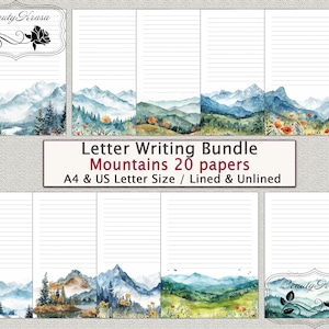 Puede incluir: Un conjunto de 20 papeles para escribir cartas imprimibles con una ilustración de acuarela de montañas, árboles y flores. Los papeles están disponibles en tamaño A4 y US Letter, y son tanto rayados como sin rayar. El texto "Letter Writing Bundle Mountains 20 papers A4 & US Letter Size / Lined & Unlined" está impreso en la parte inferior de la imagen.
