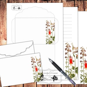 Papel de carta botânica imprimível, conjunto de papelaria, notas sem forro e envelope