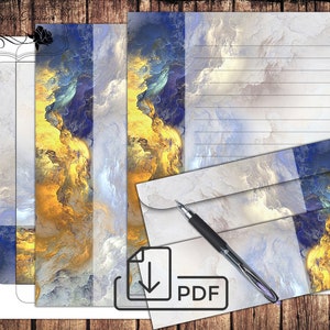 Printable letter Abstract blue writing paper,stationery set,lined unlined paper&envelope multi-color blue-gray-yellow