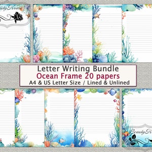 Letter Writing Bundle, Ocean Frame PDF Stationery,unlined lined 20 papers