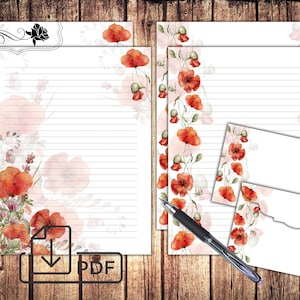 Juego de papelería con decoración de amapolas, papel para escribir cartas imprimible, papel rayado sin líneas y sobres de amapolas.