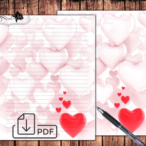Papelería del Día de San Valentín Imprimible, Carta de Corazones escribiendo papel rayado sin forro