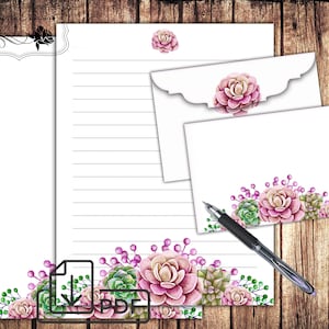Papel para escrever cartas suculentas, conjunto de papelaria, papéis botânicos imprimíveis e envelope
