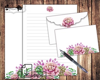 Letter writing paper Succulent,stationery set,printable Botanical papers&Envelope